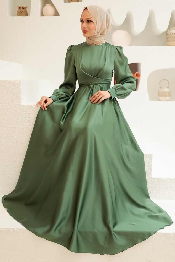Neva Style - Satin Almond Green Modest Islamic Clothing Wedding Dress 3064CY - 1
