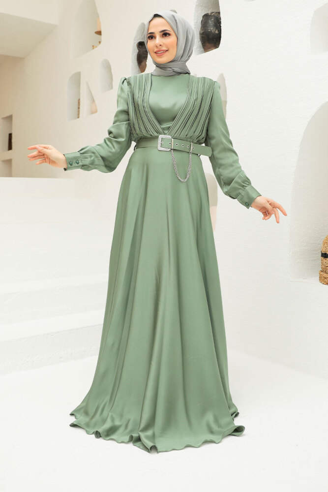 Neva Style - Long Sleeve Almond Green Islamic Long Sleeve Maxi Dress 3454CY - 1