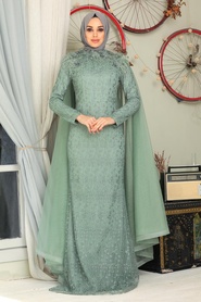 Almond Green Hijab Evening Dress 7530CY - Thumbnail