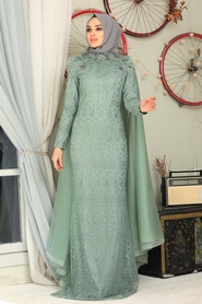 Almond Green Hijab Evening Dress 7530CY - Thumbnail