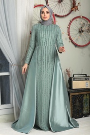 Almond Green Hijab Evening Dress 7600CY - Thumbnail