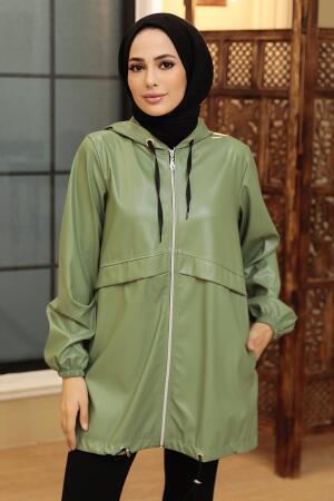 Almond Green Hijab Faux Leather Cap 50204CY - 1