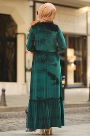Altı Fırfırlı Yeşil Tesettür Kadife Elbise 50530Y - Thumbnail