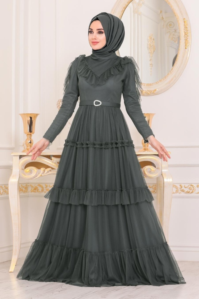 Anthracite Color Hijab Evening Dress 4097AST - 1
