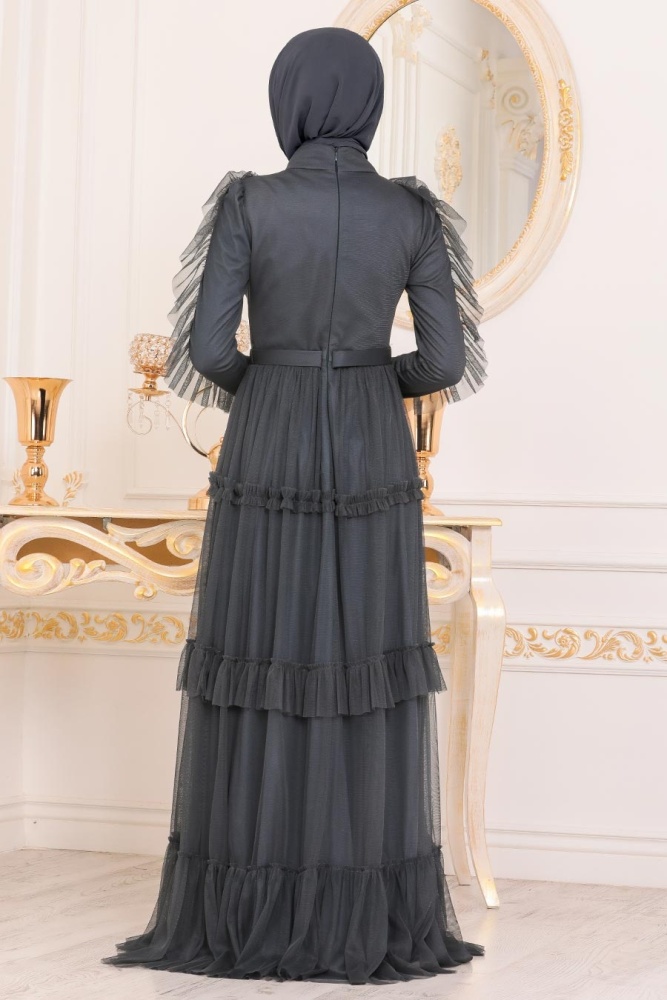 Anthracite Color Hijab Evening Dress 4097AST - 2