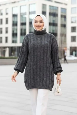 Antrasit Tesettür Triko Kazak Tunik 27502ANT 