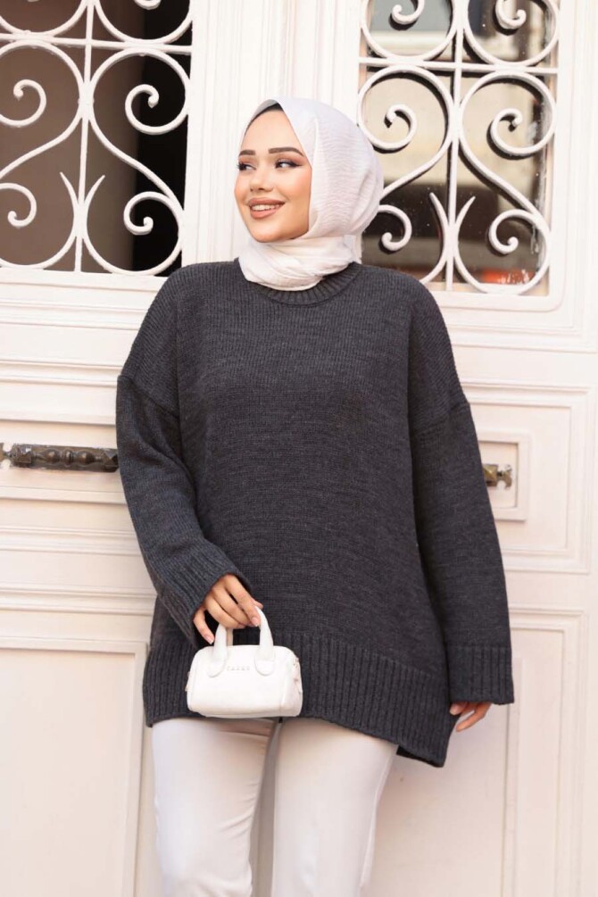 Antrasit Tesettür Triko Kazak Tunik 70012ANT - 2
