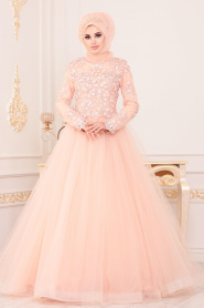 Aplikeli Prenses Model Somon Tesettür Abiye Elbise 4702SMN - Thumbnail