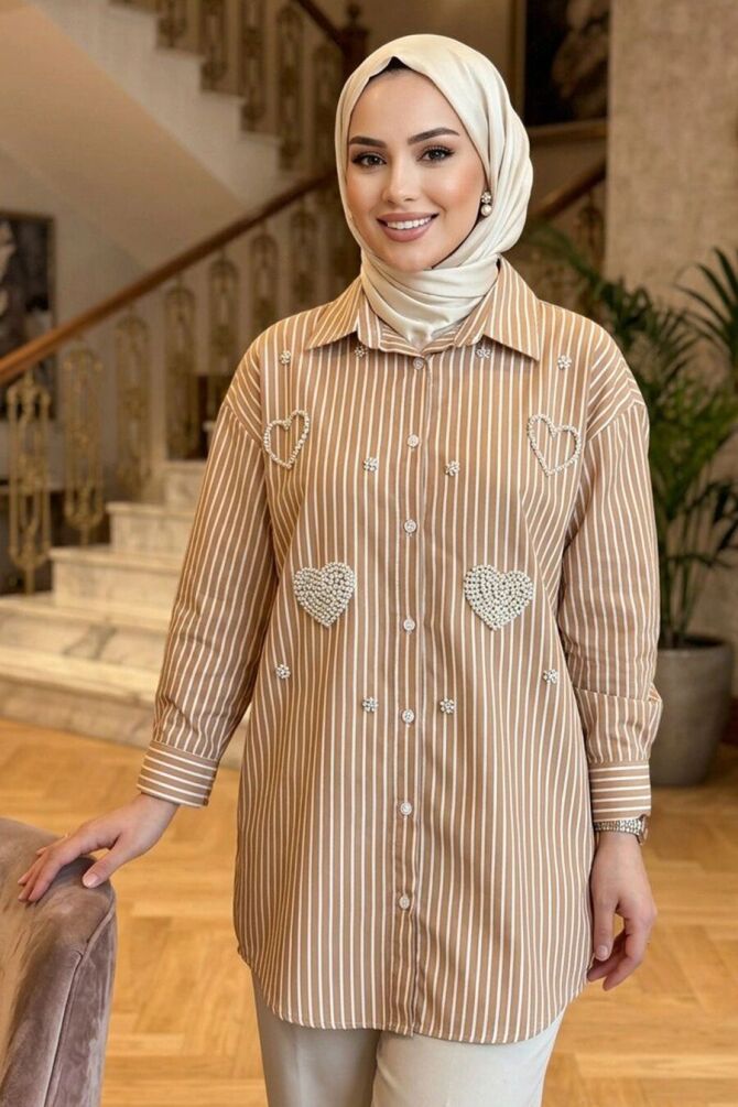 Appliqué Detail Striped Poplin Biscuit Modest Shirt 15743BS - 1
