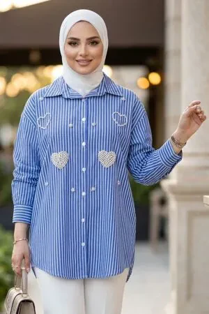 Appliqué Detail Striped Poplin Blue Modest Shirt 15743M 