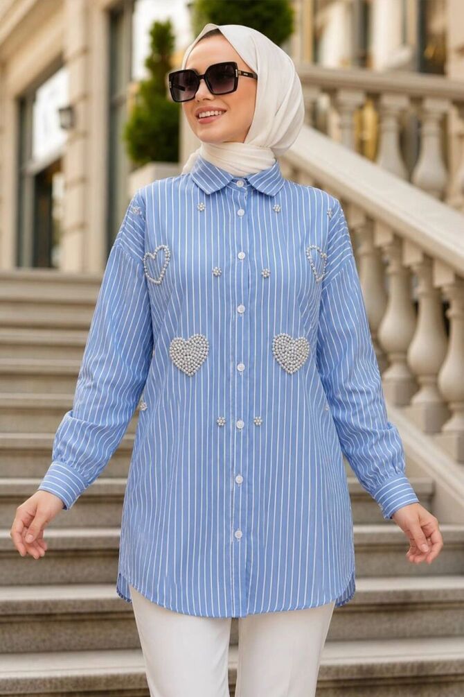 Appliqué Detail Striped Poplin Ice Blue Modest Shirt 15743BZM - 1