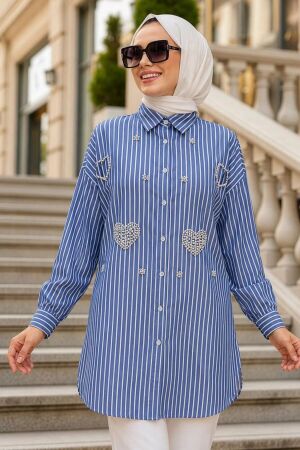 Appliqué Detail Striped Poplin Navy Blue Modest Shirt 15743L 
