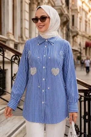 Appliqué Detail Striped Poplin Saxe Blue Modest Shirt 15743SX - 1