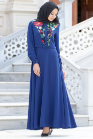 Aramiss - Çiçek Desenli Sax Mavisi Elbise 8013SX - Thumbnail