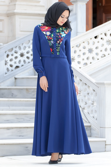 Aramiss - Çiçek Desenli Sax Mavisi Elbise 8013SX