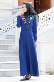 Aramiss - Çiçek Desenli Sax Mavisi Elbise 8013SX - Thumbnail