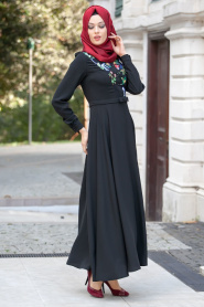 Aramiss - Çiçek Desenli Siyah Elbise 8013S - Thumbnail