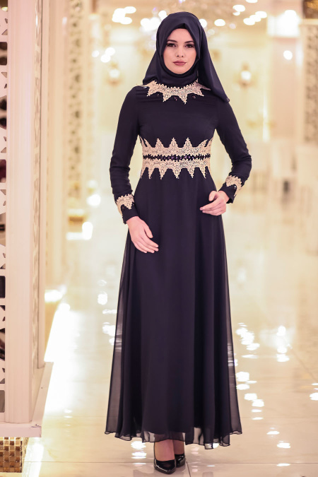 Aramiss - Dantel Detaylı Lacivert Tesettür Elbise 8009L