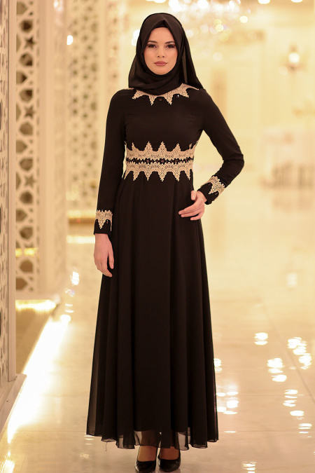 Aramiss - Dantel Detaylı Siyah Tesettür Elbise 8009S