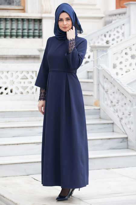Aramiss - Kolları Dantelli Lacivert Elbise 1705L