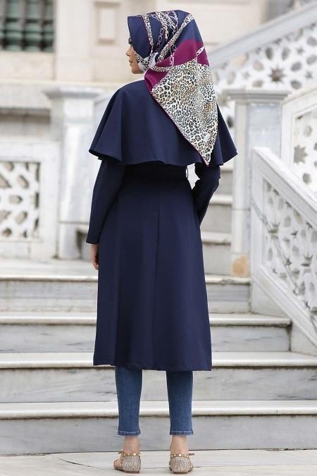 Aramiss - Navy Blue Hijab Coat 7042L - 3