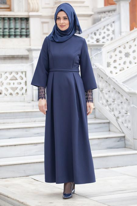 Aramiss - Navy Blue Hijab Dress 1705L - 2