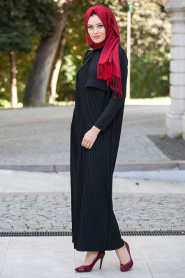 Aramiss - Pliseli Siyah Elbise 8008S - Thumbnail