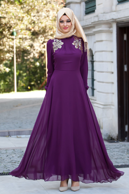 Aramiss - Plum Color Hijab Dress 8015MU
