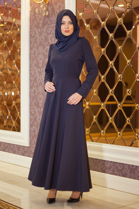 Aramiss - Yakası Boncuk Detaylı Lacivert Elbise 1766L