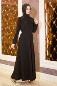 Aramiss - Yakası Boncuk Detaylı Siyah Elbise 1766S - Thumbnail