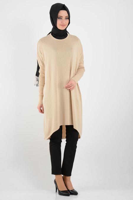 Arkası Uzun Bej Triko Tunik 3556BEJ - 2