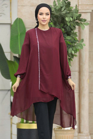 Arkası Uzun Bordo Tesettür Tunik 24030BR - 3