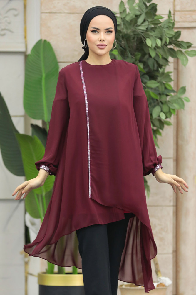 Arkası Uzun Bordo Tesettür Tunik 24030BR - 1