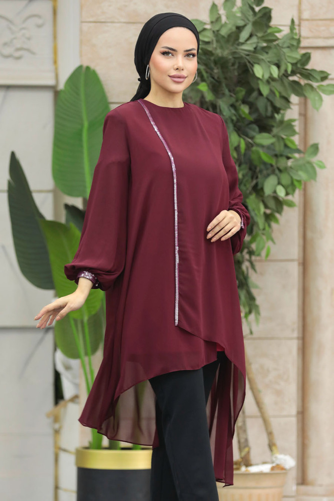 Arkası Uzun Bordo Tesettür Tunik 24030BR - 2