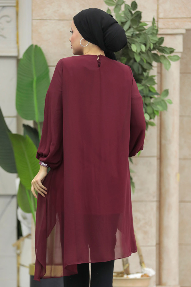 Arkası Uzun Bordo Tesettür Tunik 24030BR - 4