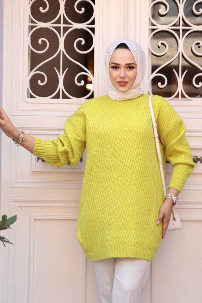 Asidik Sarı Tesettür Triko Kazak Tunik 7852ASR - 2