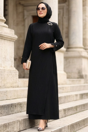 Asimetrik Detailed Black Modest Dress 19303S 