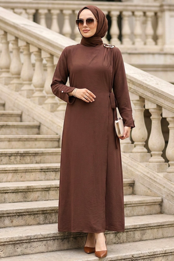 Asimetrik Detailed Brown Modest Dress 19303KH - 1