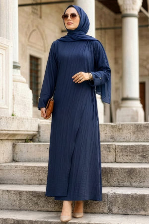 Asimetrik Detailed Navy Blue Modest Dress 19303L 