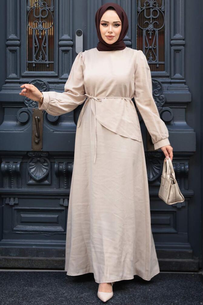 Asimetrik Detaylı Bej Tesettür Elbise 19042BEJ - 1