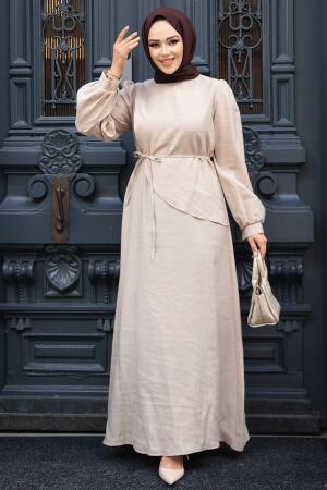 Asimetrik Detaylı Bej Tesettür Elbise 19042BEJ - 2