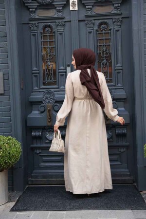 Asimetrik Detaylı Bej Tesettür Elbise 19042BEJ - 3