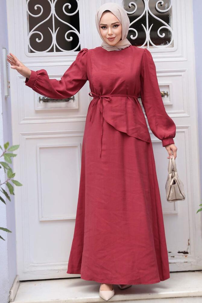 Asimetrik Detaylı Bordo Tesettür Elbise 19042BR - 1