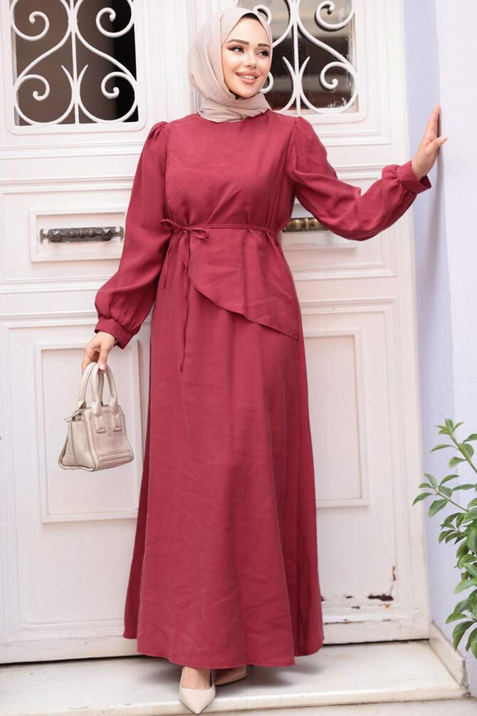 Asimetrik Detaylı Bordo Tesettür Elbise 19042BR - 2