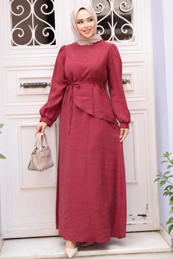 Asimetrik Detaylı Bordo Tesettür Elbise 19042BR - 3