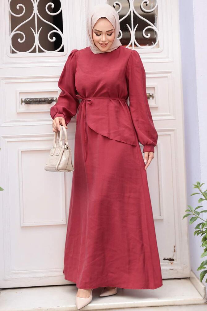 Asimetrik Detaylı Bordo Tesettür Elbise 19042BR - 4