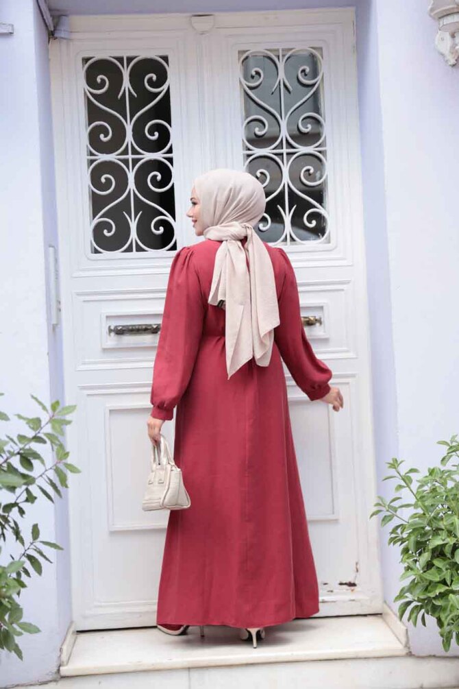 Asimetrik Detaylı Bordo Tesettür Elbise 19042BR - 5