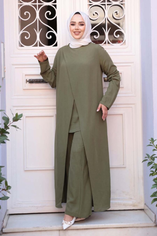 Asimetrik Detaylı Haki Tesettür İkili Takım 76471HK - 3