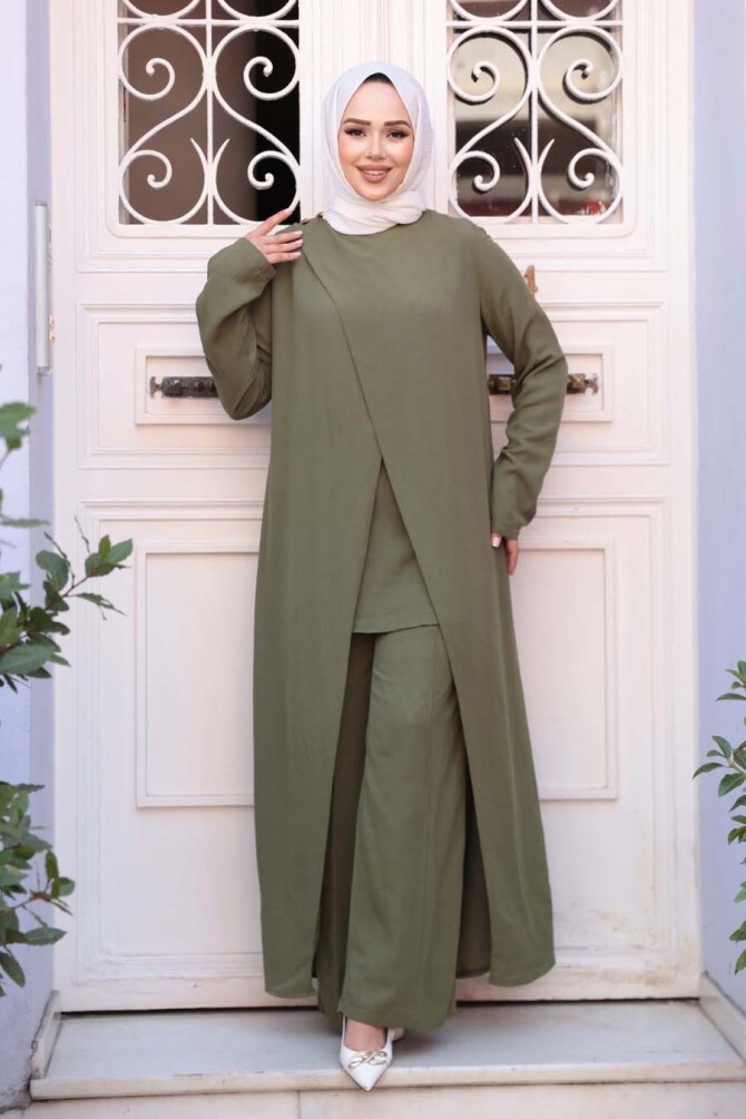 Asimetrik Detaylı Haki Tesettür İkili Takım 76471HK - N.S NEVA STYLE