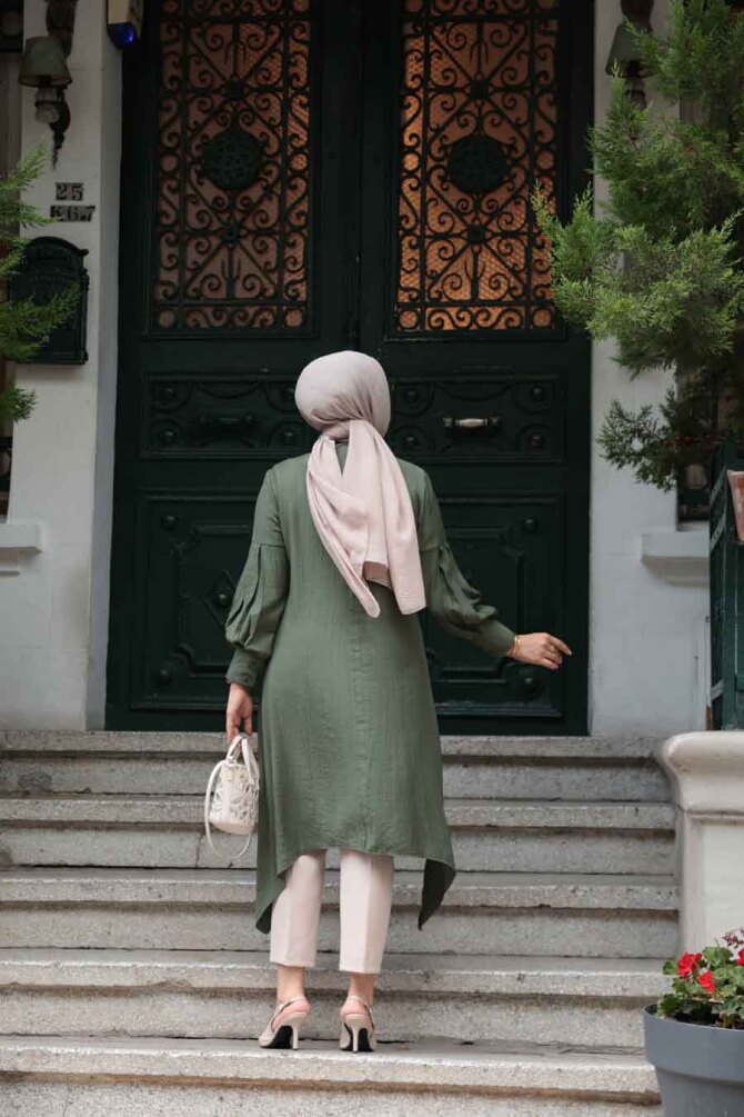 Asimetrik Detaylı Haki Tesettür Tunik 615HK - 3